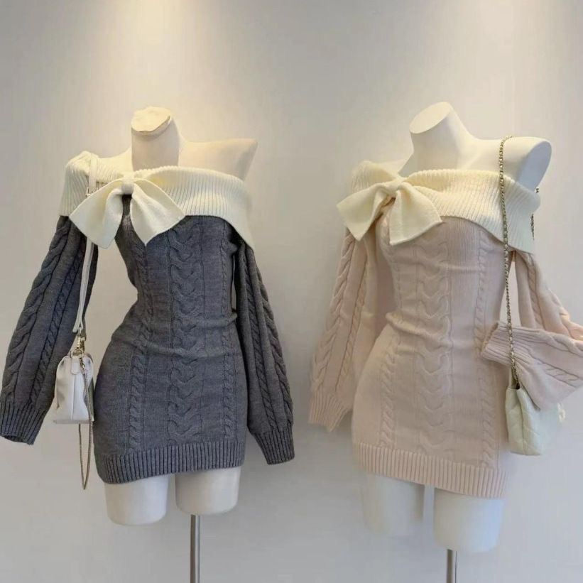 約會戰袍！一字肩蝴蝶結毛衣裙