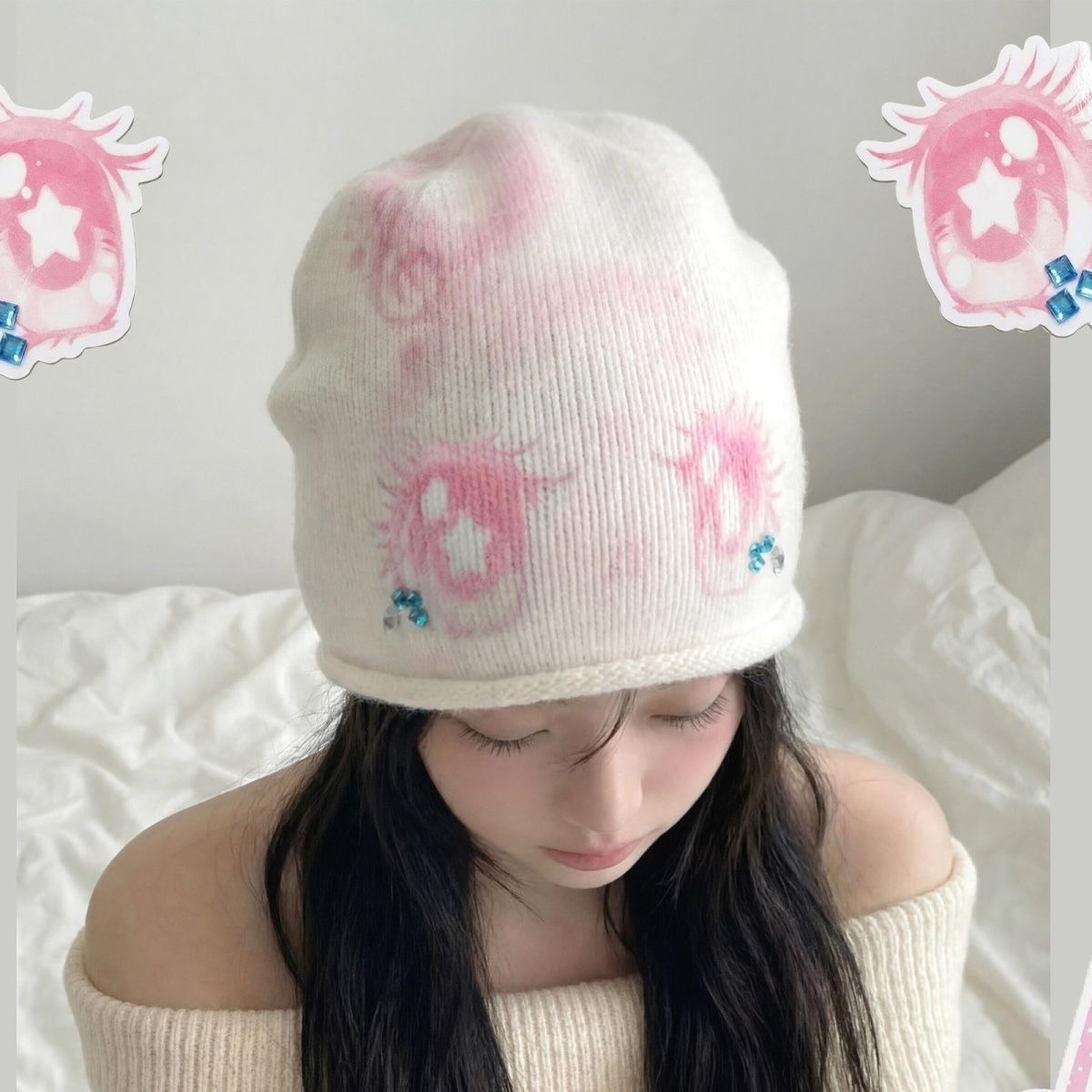 超級萌🎀大眼bling bling眼淚堆鑽毛帽