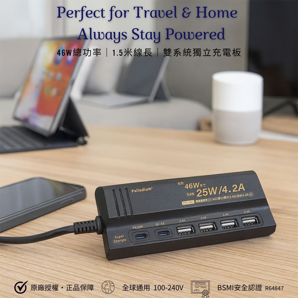 黑曜全能充電站|GaN雙系統快充 × 六口同步疾速回充 × 46W高效供能 🔌USB TypeC 充電頭