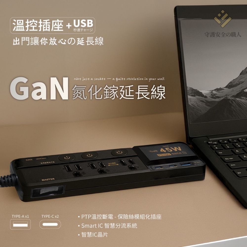 C89- GaN35~45W|3插座防火裝置|2TypeC+2USB-A|過載斷電|防雷突波|線長1.8m|BSMI認證