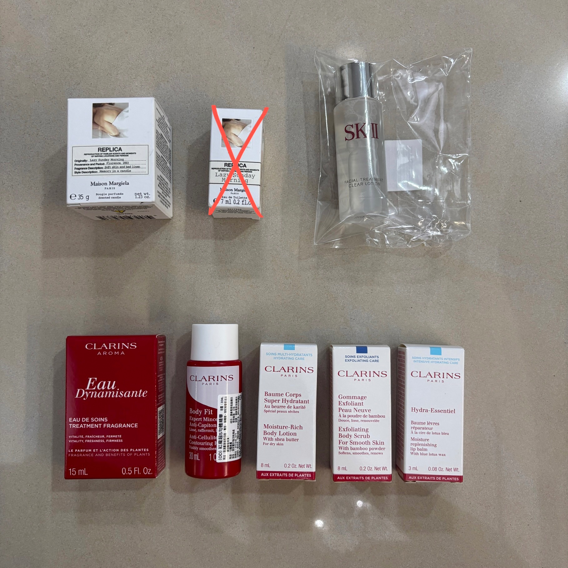 Maison Margiela香水及蠟燭、SK2化妝水、克蘭詩