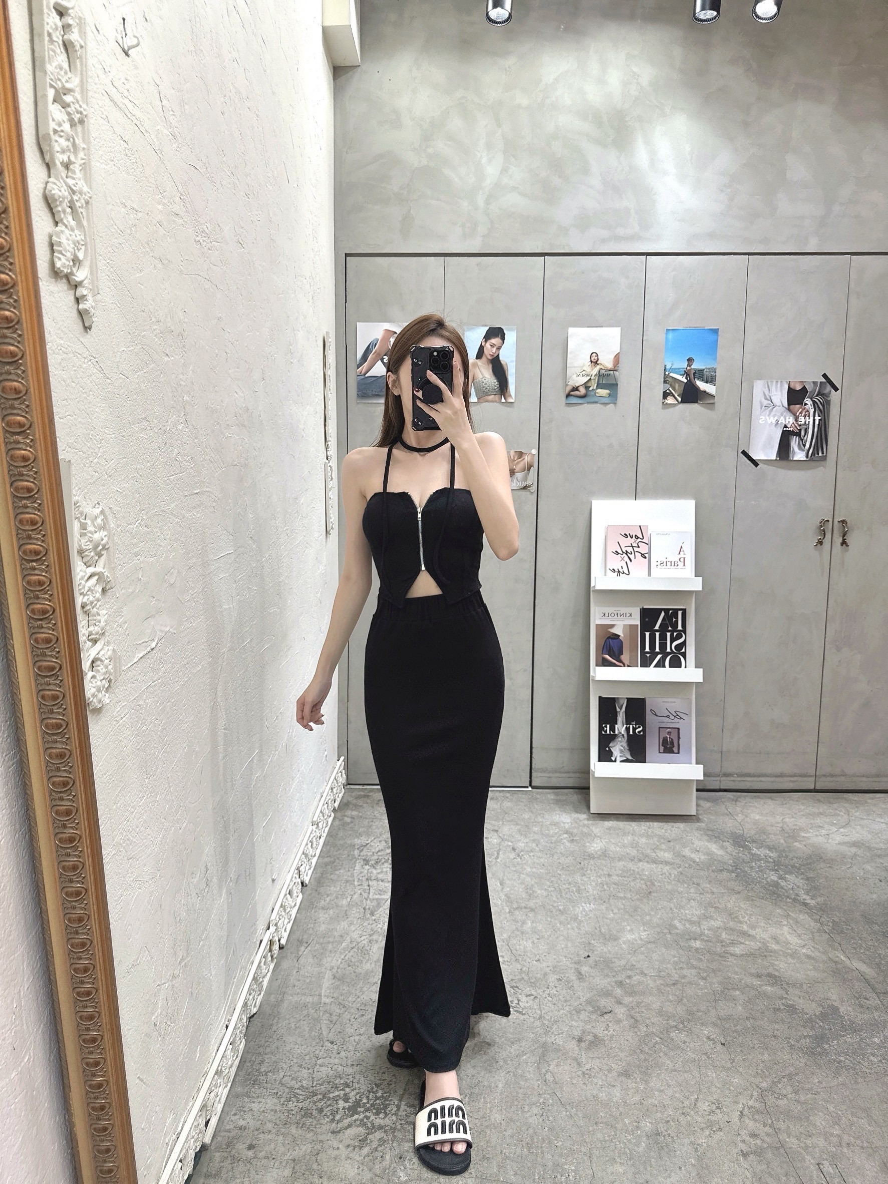 75083♡一條胸拉鍊平口魚尾長裙套