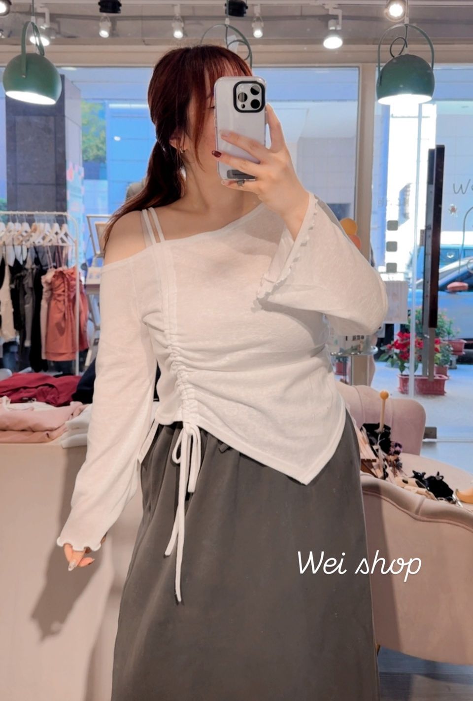 ♥透膚斜肩抽繩上衣♥