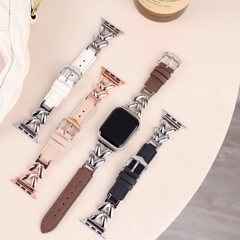 麻花金屬V字拼接皮革錶帶