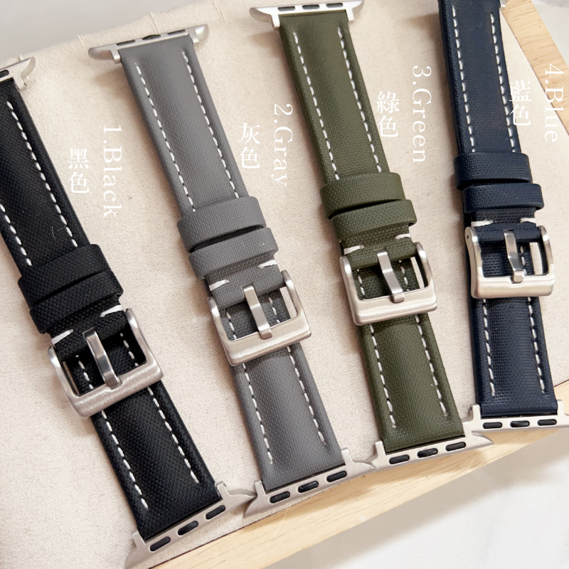 白色車線帆布拼皮革Apple Watch錶帶