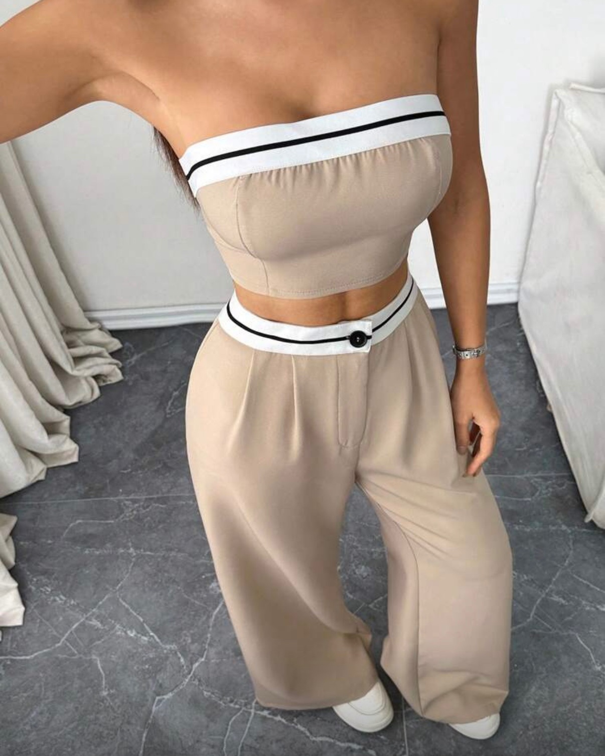 Zielony 女士繽紛色彩無肩帶上衣和寬腿褲套裝