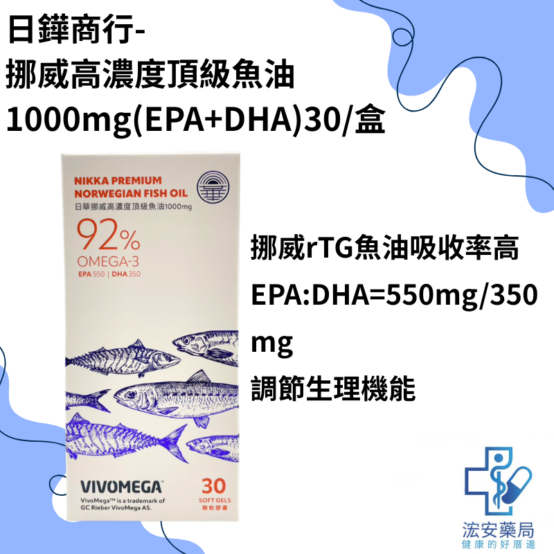 【浤安藥局】日華挪威高濃度頂級魚油1000mg（EPA+DHA）