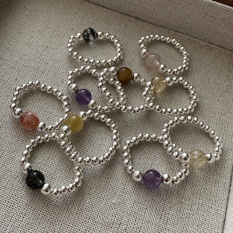 水晶圓珠彈力戒指 顏色紋路皆不同