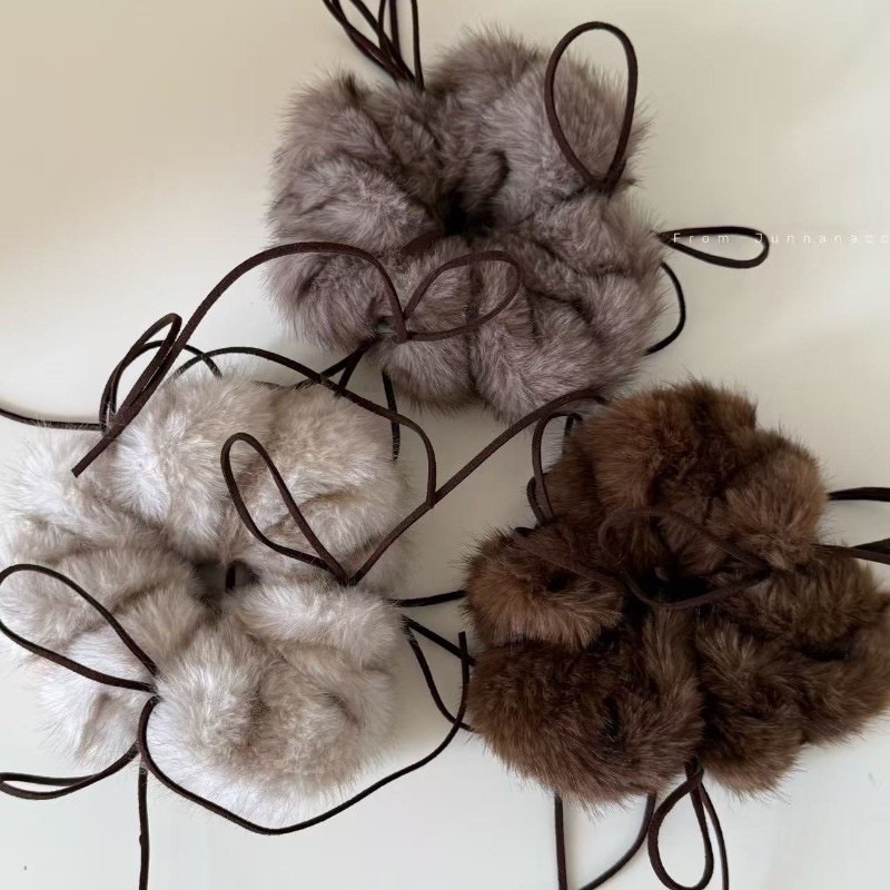 韓國毛絨貂毛溫柔蝴蝶結髮圈