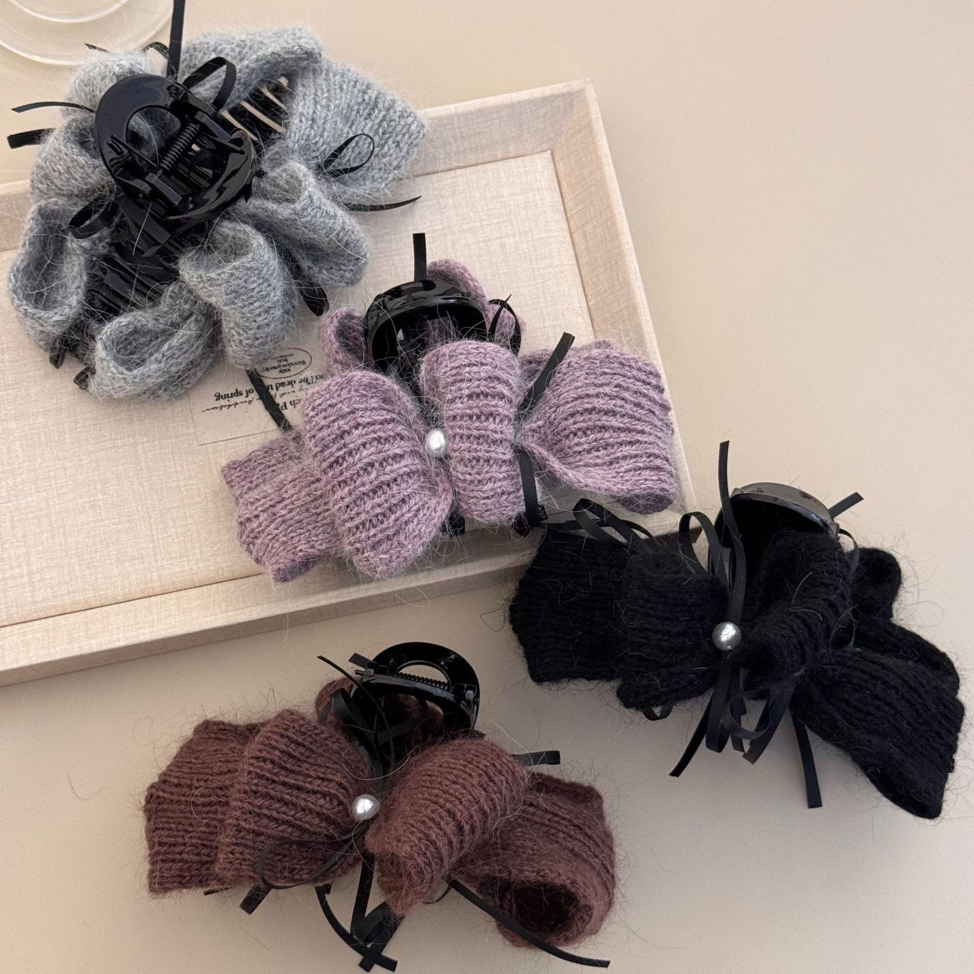 秋冬毛織蝴蝶結編織緞帶鯊魚髮夾