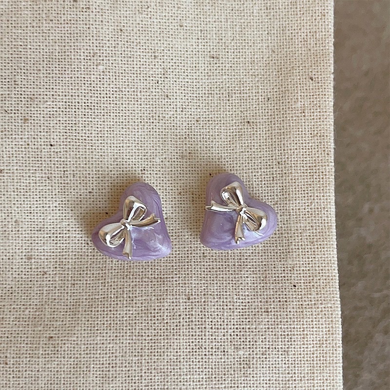 少女蝴蝶結紫色滴油流沙愛心耳環