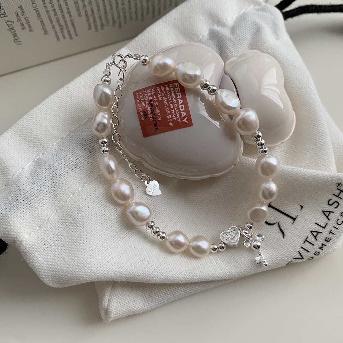 巴洛克珍珠愛心鑰匙手鍊