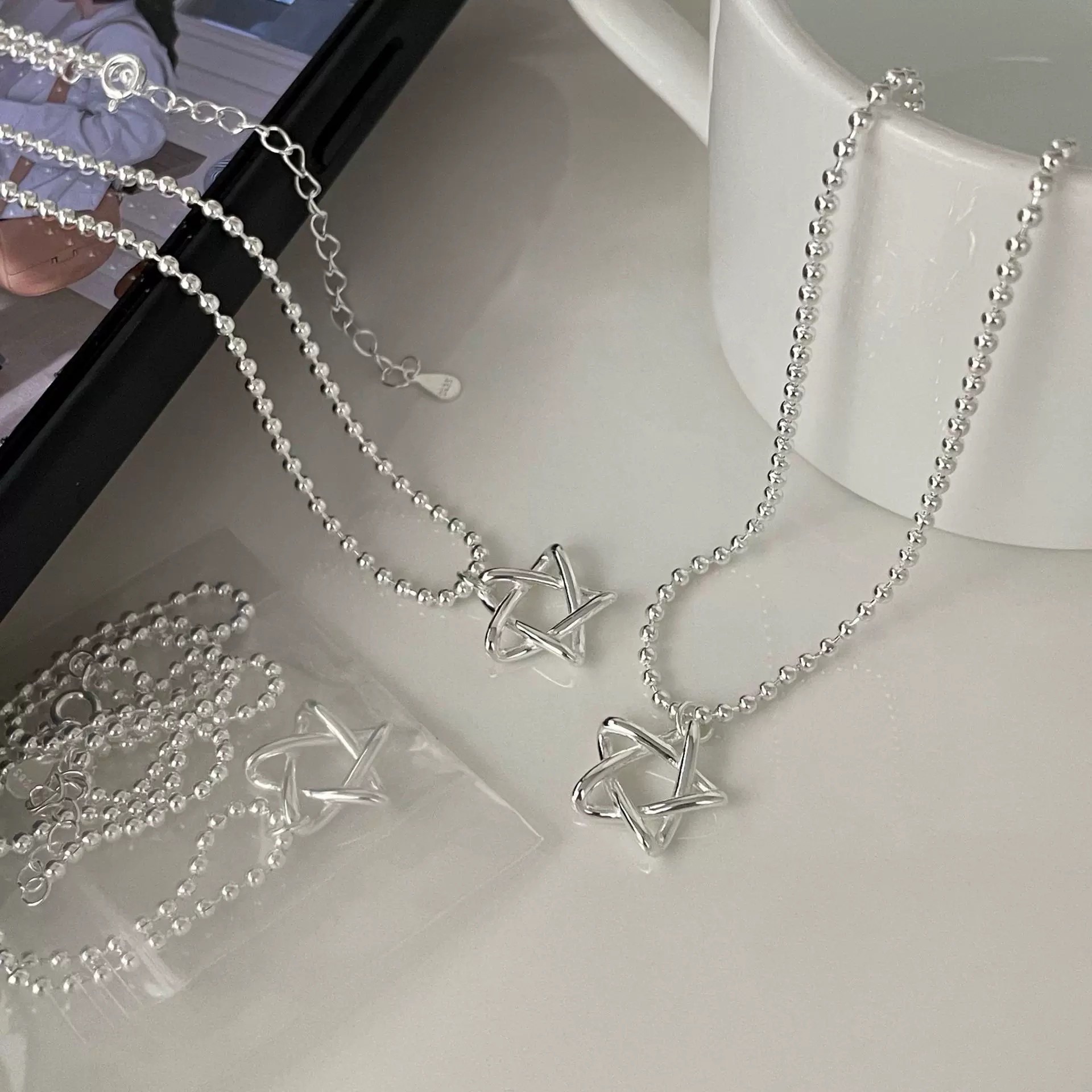 925銀圓珠粗線重工星星線條項鍊