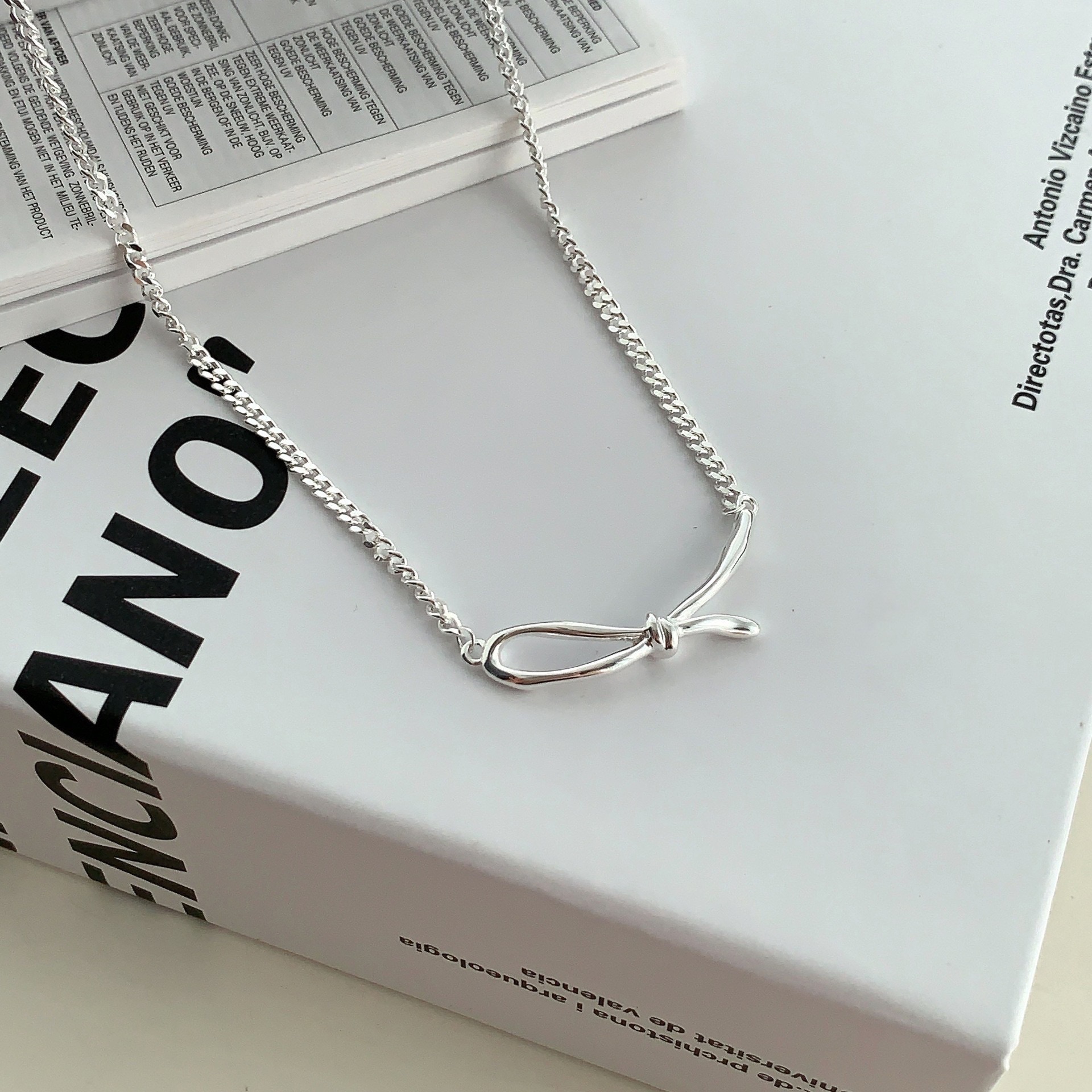 925銀打結蝴蝶結半拼古巴項鍊