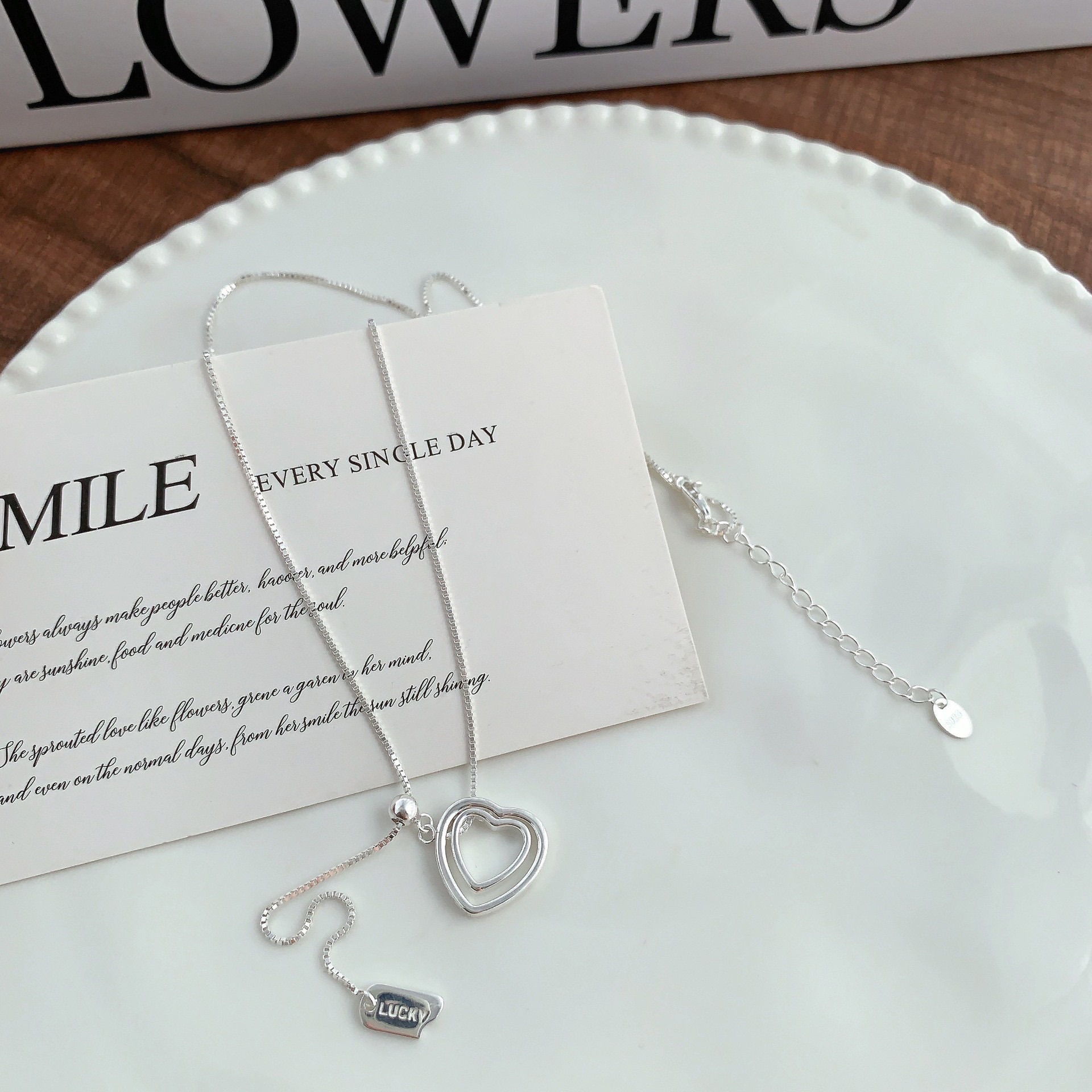 925銀雙層愛心環抽拉吊牌項鍊