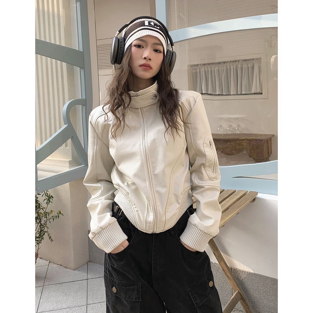 ★復古白色修身短款皮衣外套★