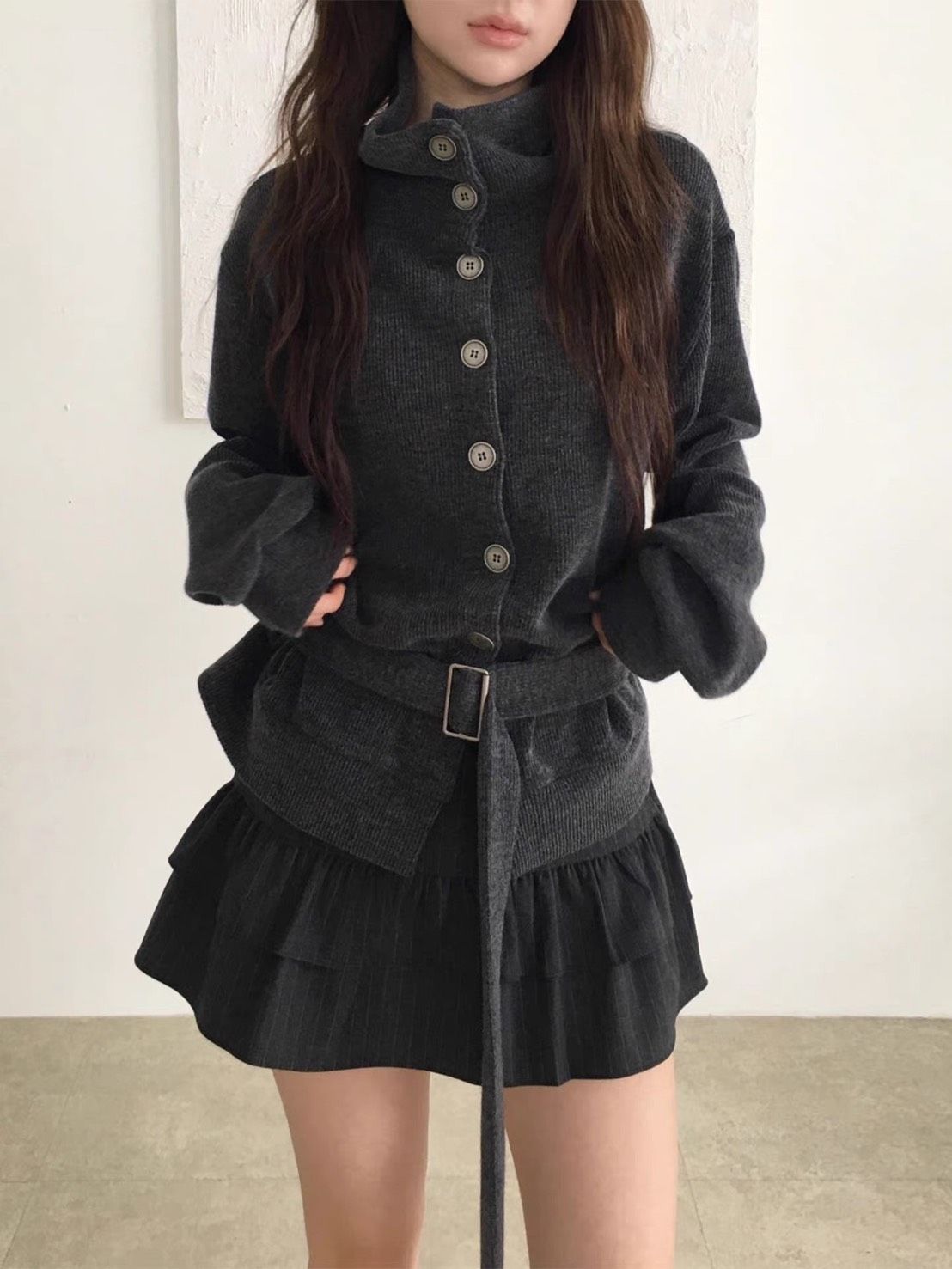 韓系立領排扣綁帶針織外套+୨୧ ̊。