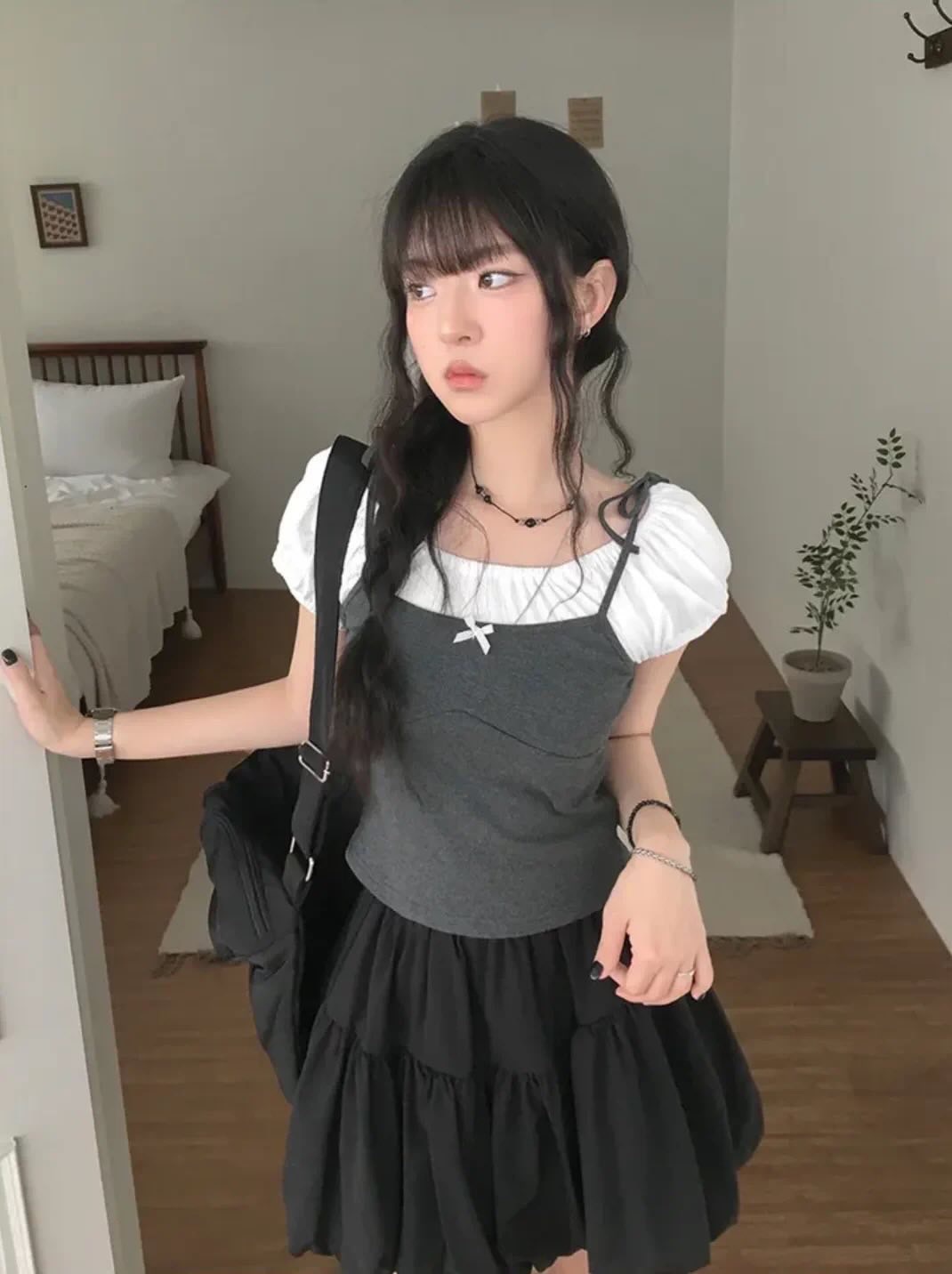 ★韓系芭蕾風蝴蝶結泡泡袖假兩件上衣★