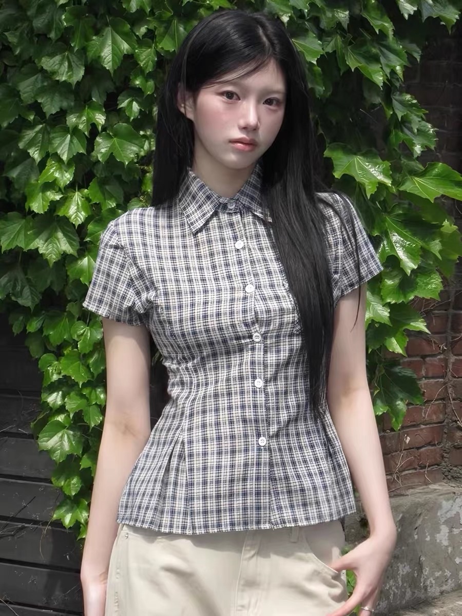 ★韓系復古格紋收腰襯衫★