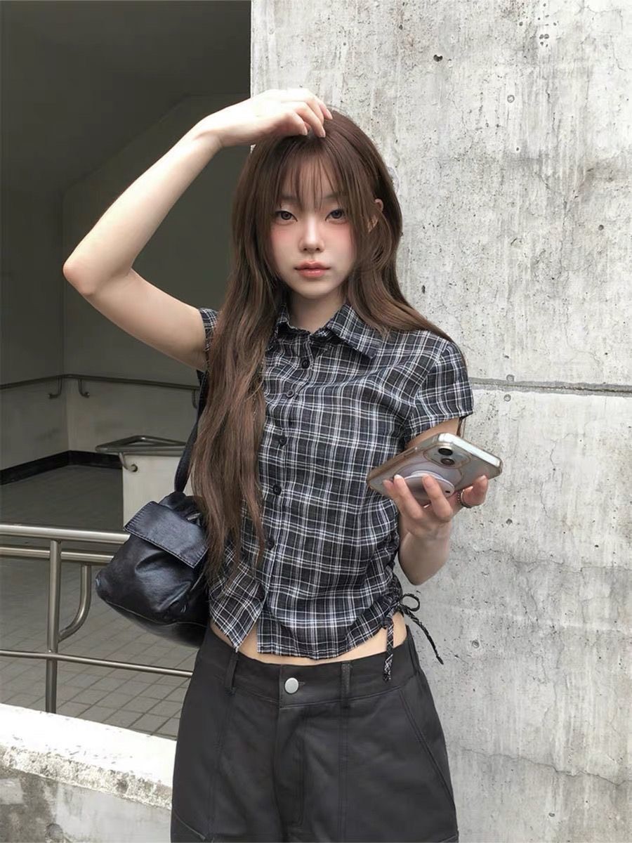 ★韓系復古格紋修身收腰襯衫★熱銷款❤️‍🔥