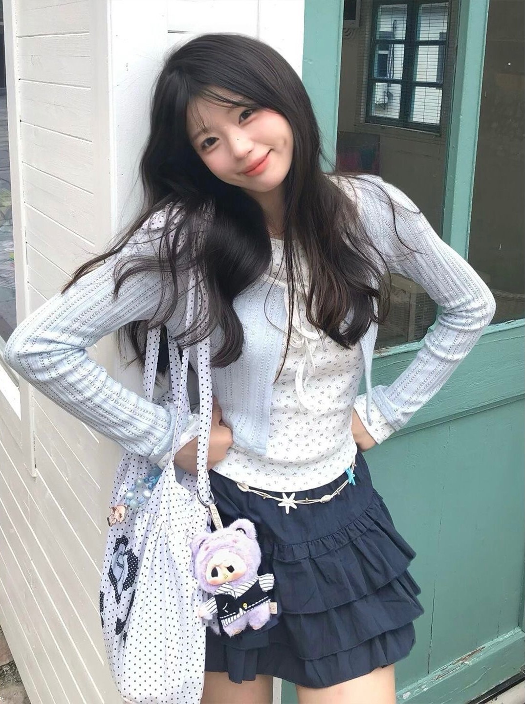 ★韓系藍色碎花針織假兩件★熱銷款🩵