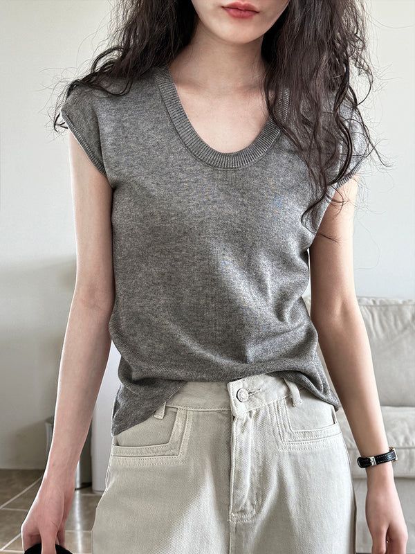 現貨卡其色-自留款♡U領小飛袖針織上衣#ss396