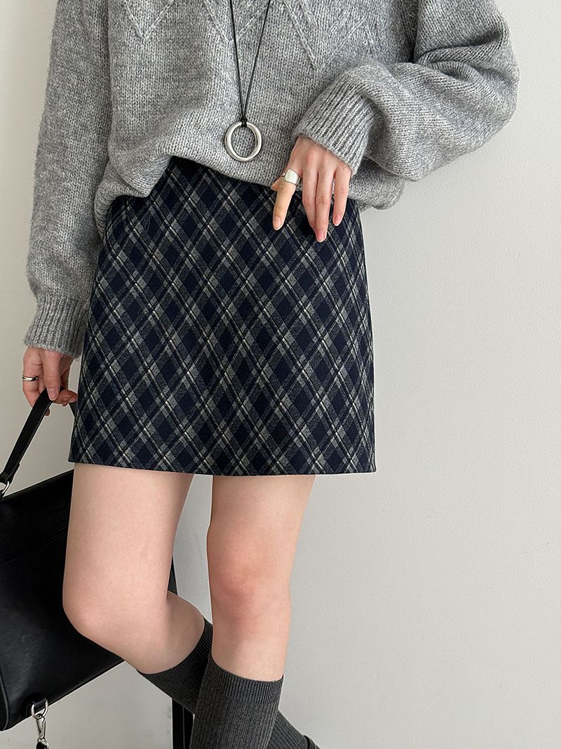 韓系高腰顯瘦格紋A字裙#9793