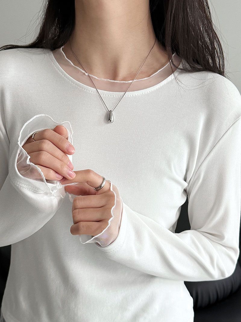 假兩件蕾絲木耳邊磨毛打底衫（2色）#2161