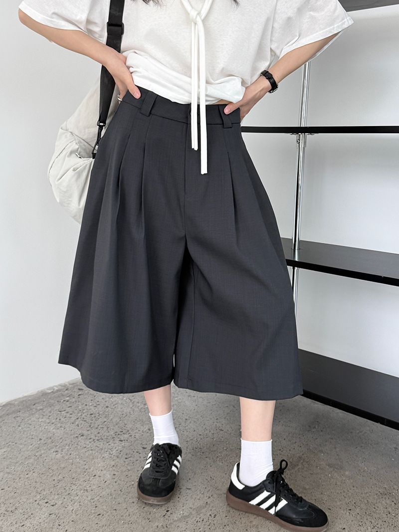 壓褶寬鬆西裝闊腿八分褲（2色）#1876