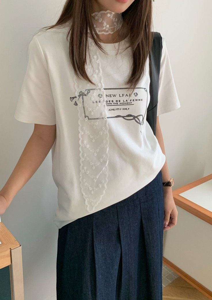 蕾絲綁帶印花短袖（3色）