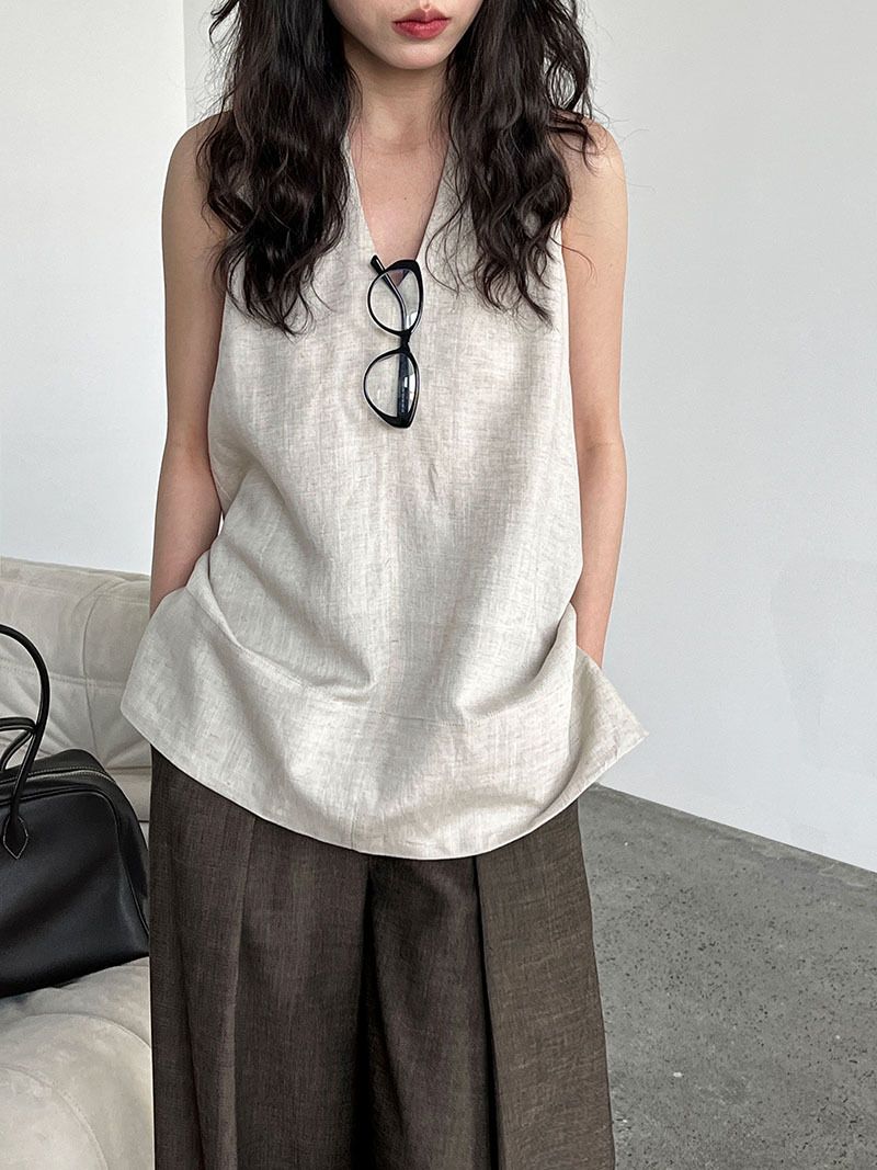 法式亞麻V領掛脖背心#8754