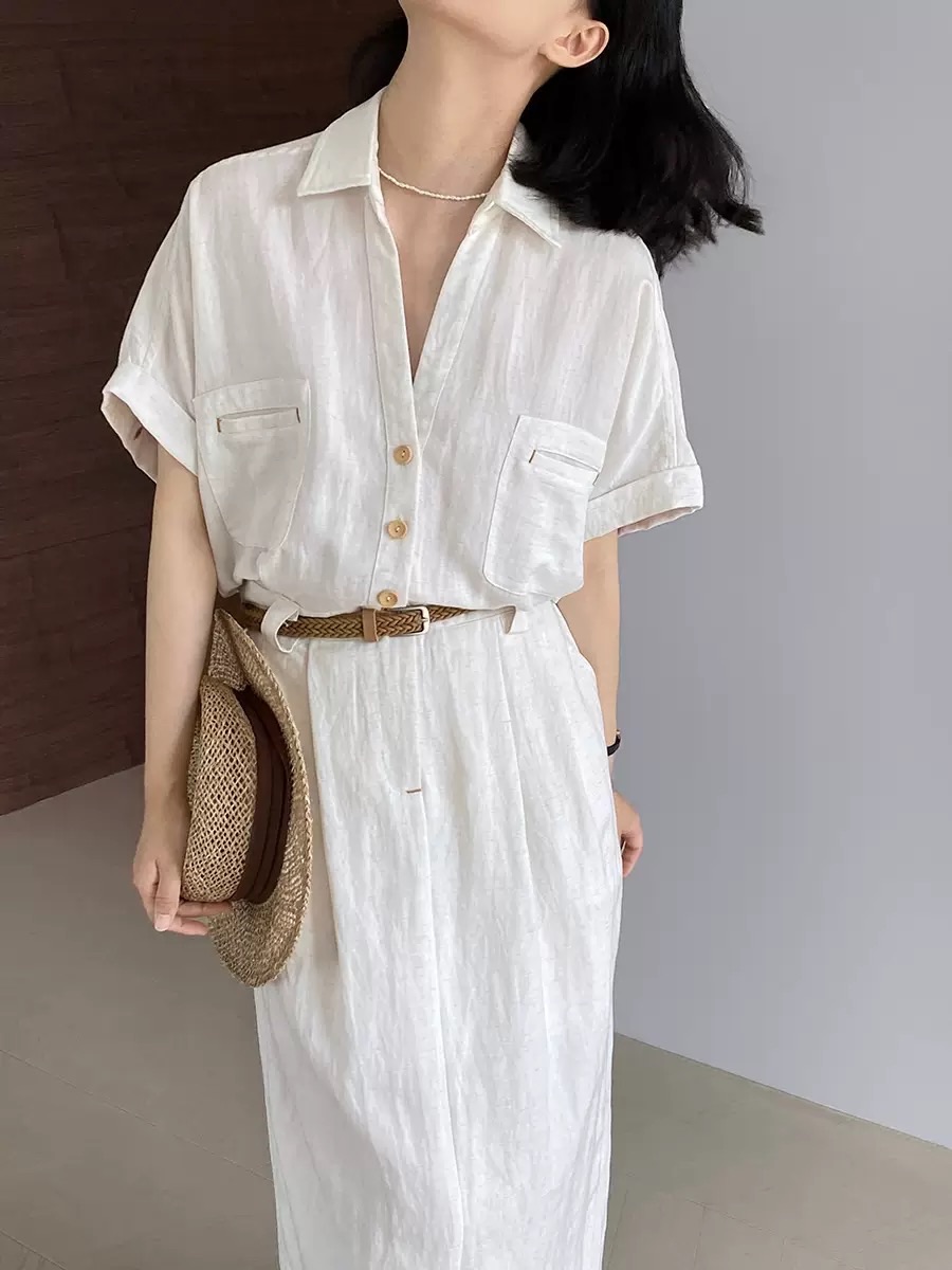 Linen Elegance Dress/亞麻短袖連身裙