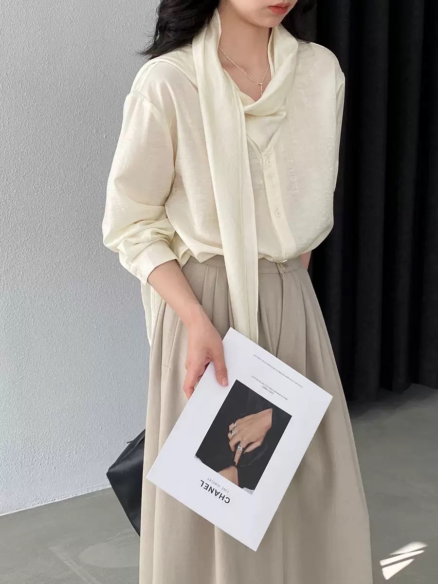 Silk Touch Ribbon Blouse/飄帶長袖襯衫