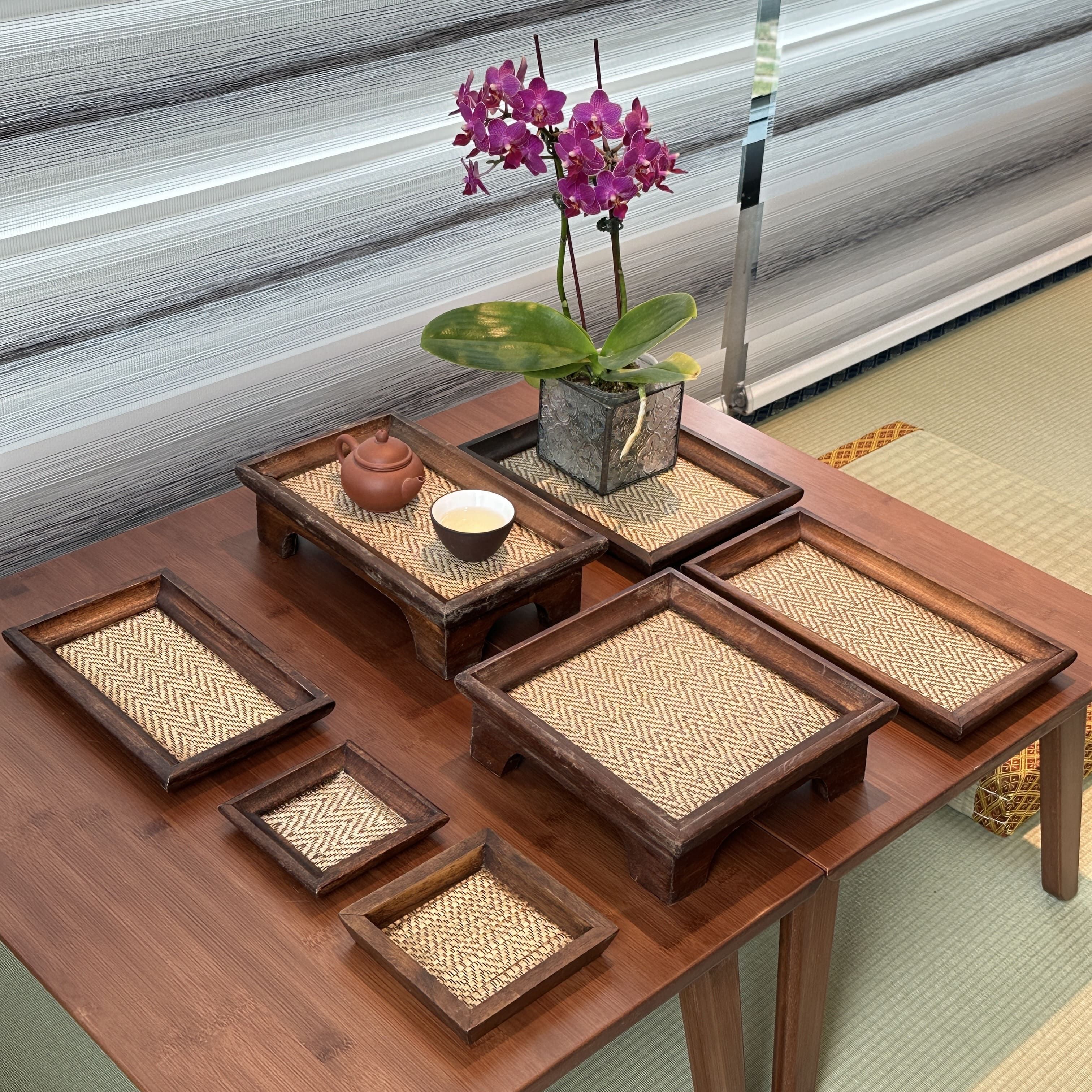 柚木竹編托盤  茶席托盤  手工藤編木盤  多功能托盤