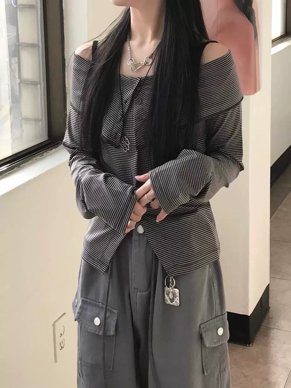 現貨 Diary Mood♡條紋露肩長袖Tee