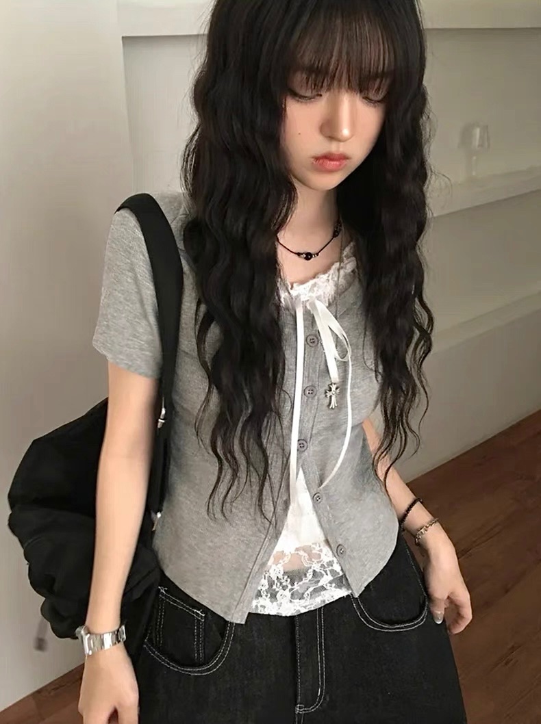 Romantic Layer♡假兩件蕾絲內搭系帶短Tee