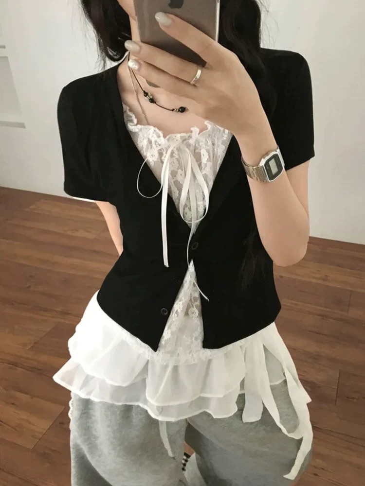 Romantic Layer♡假兩件蕾絲內搭系帶短Tee