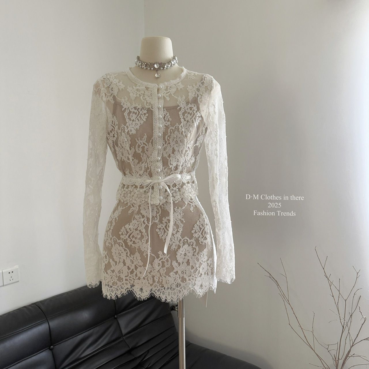 溫柔風氣質蕾絲長袖上衣+短裙兩件套裝