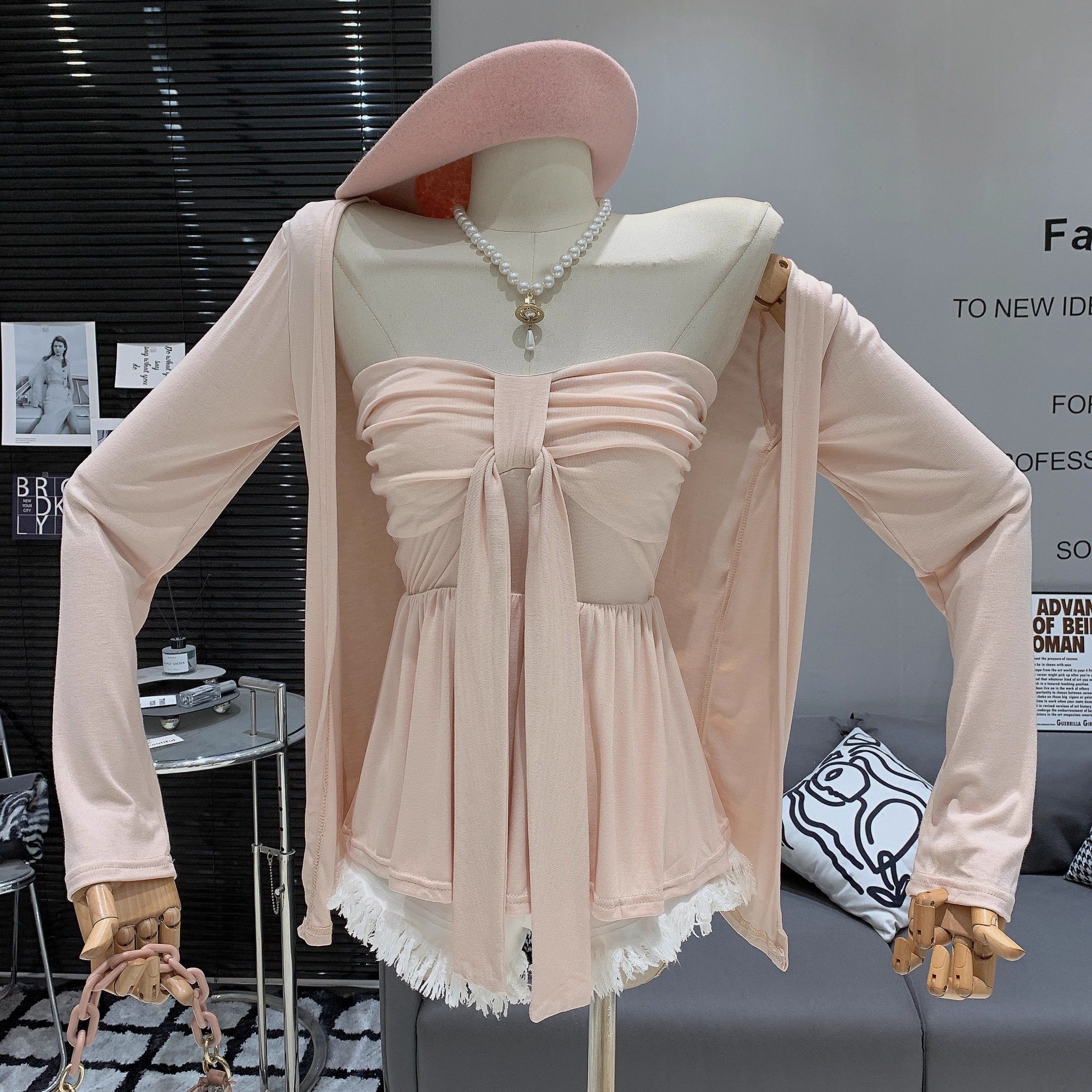 純欲風褶皺抹胸背心+開衫外套兩件套