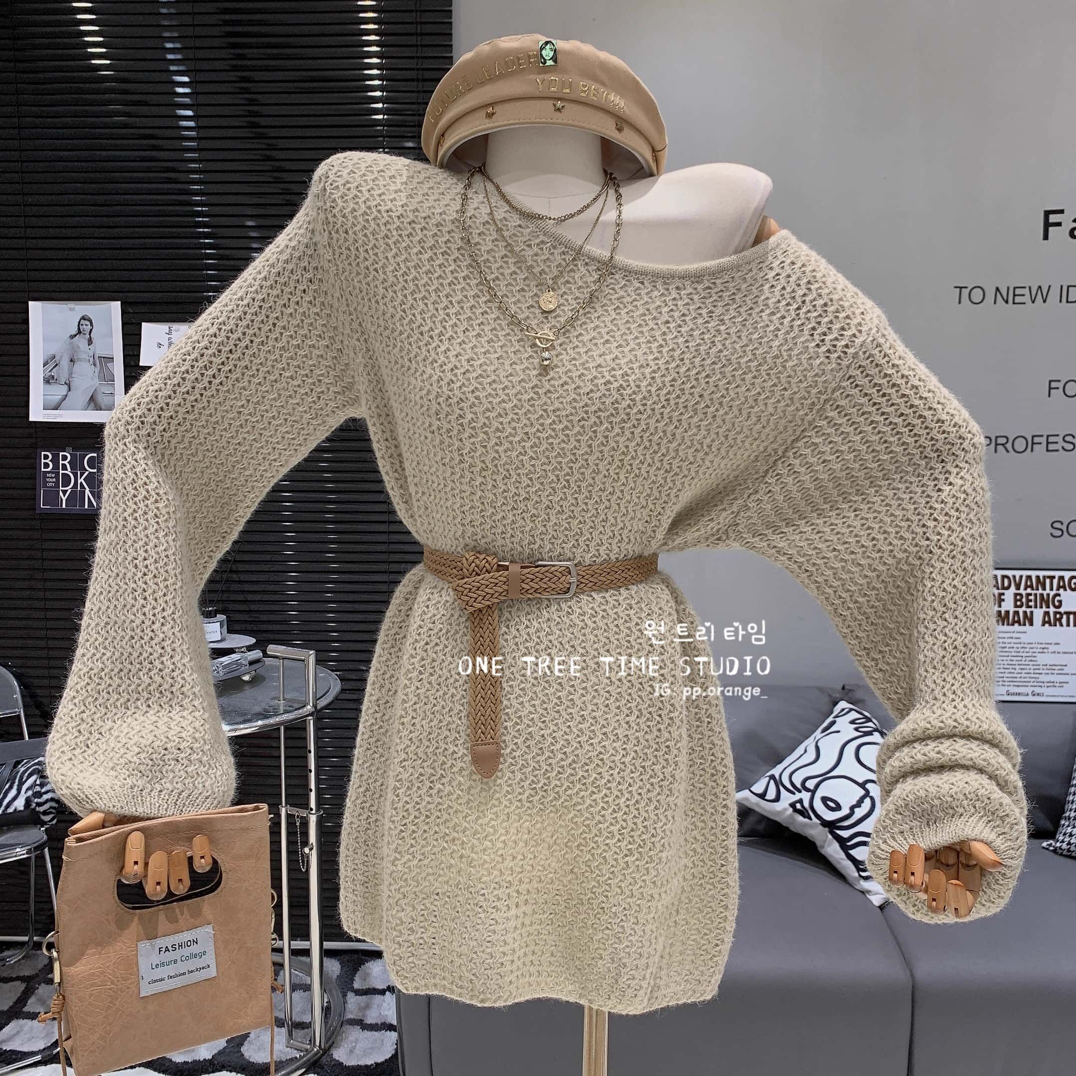 慵懶風紋理針織可斜肩寬鬆毛衣裙【送腰帶】