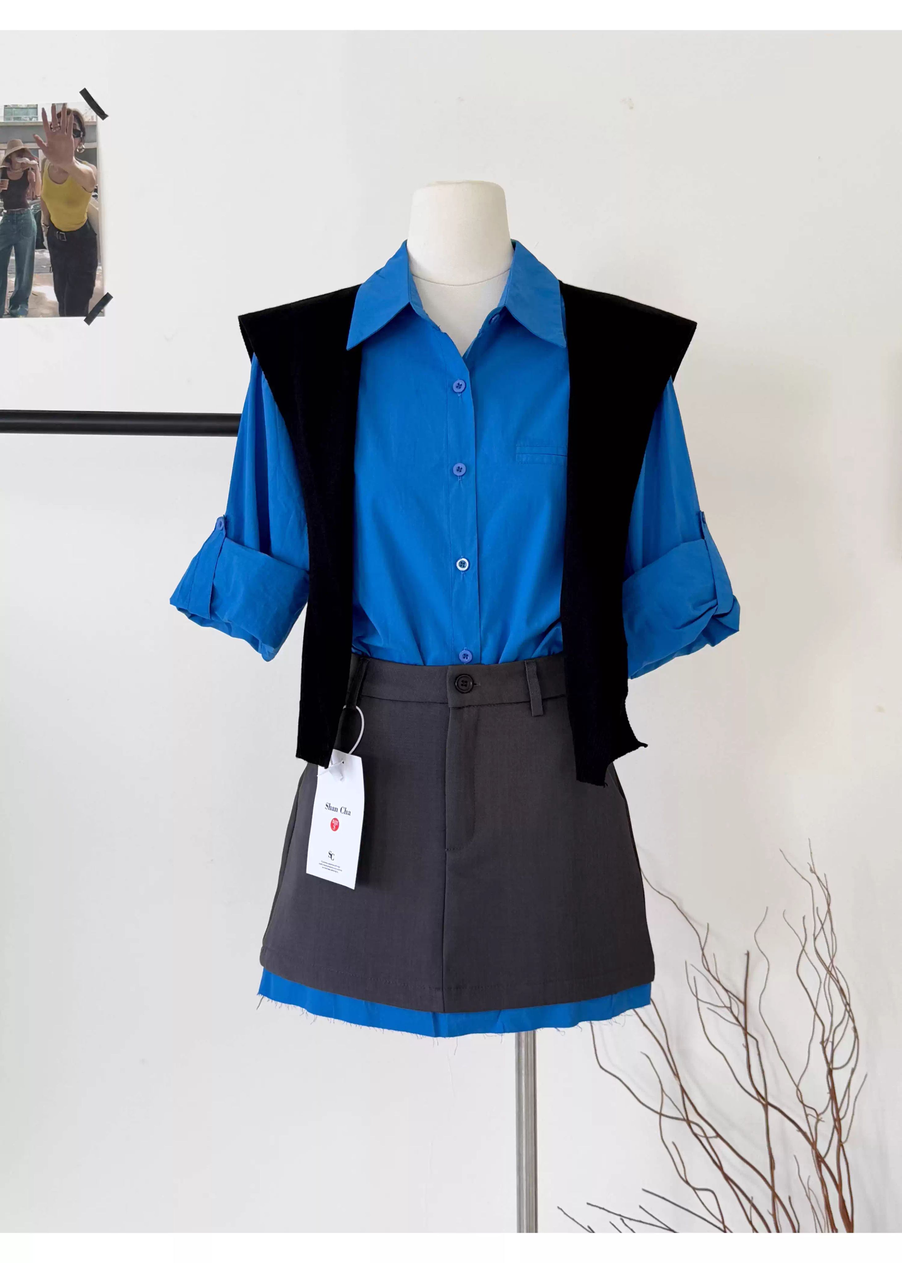 氣質藍色長袖襯衫+披肩+短裙三件套裝