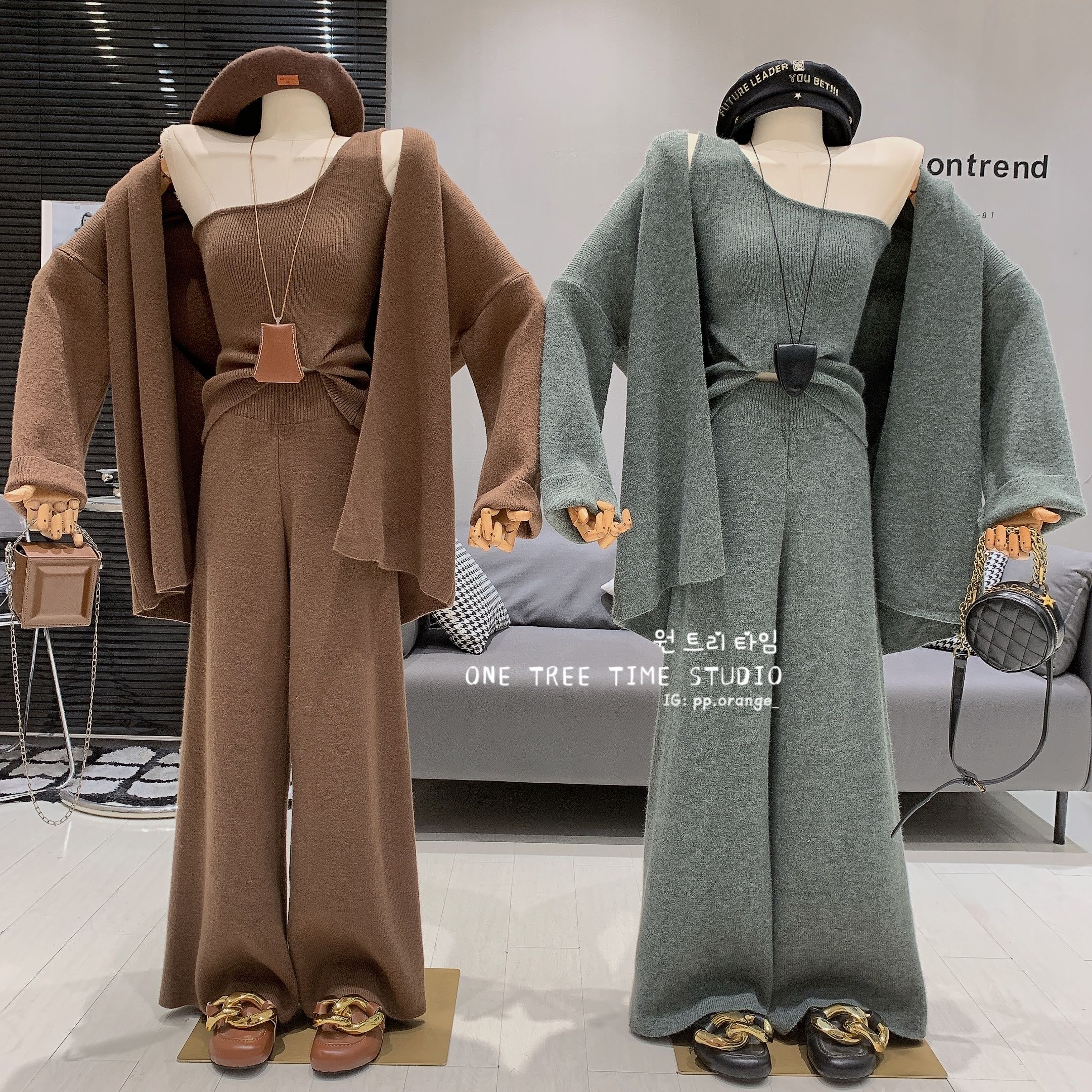 溫柔風小心機露肩背心+毛衣外套+長褲三件式針織套裝