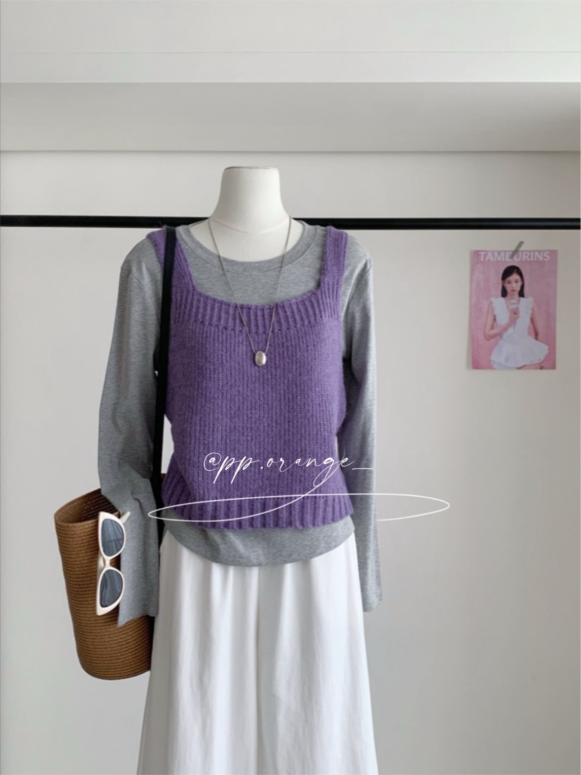 超韓溫柔風紫色毛衣背心➕長袖上衣兩件套