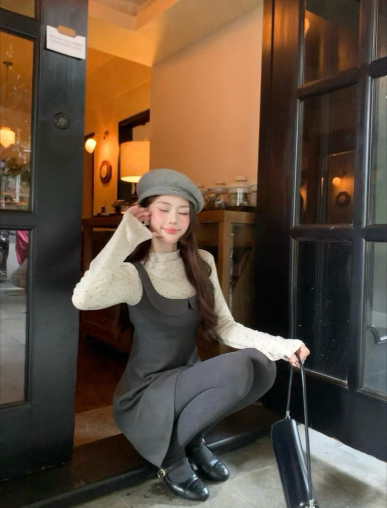 韓系圓點長袖上衣➕吊帶洋裝兩件式套裝