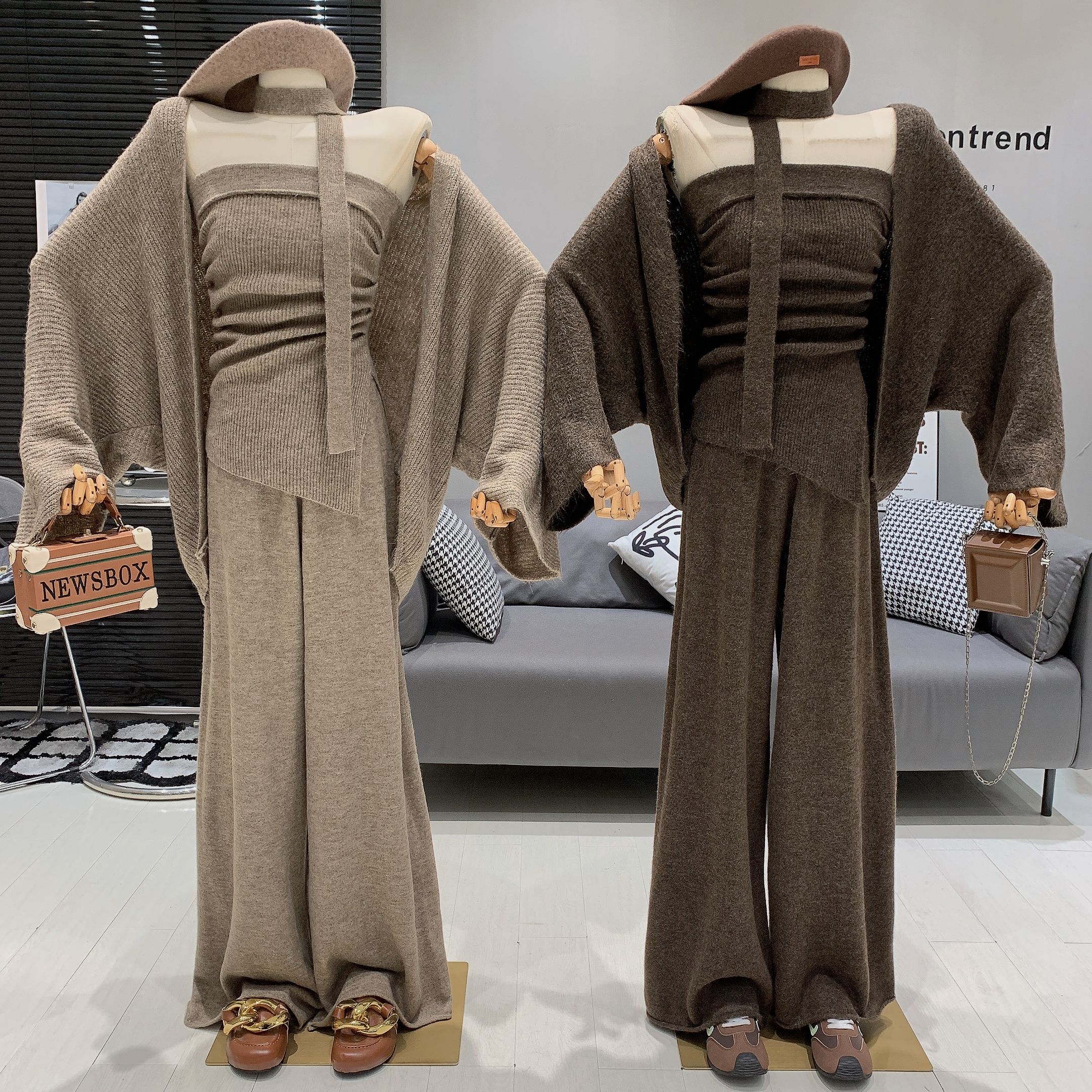 溫柔慵懶風抹胸背心+針織外套+高腰長褲三件式套裝