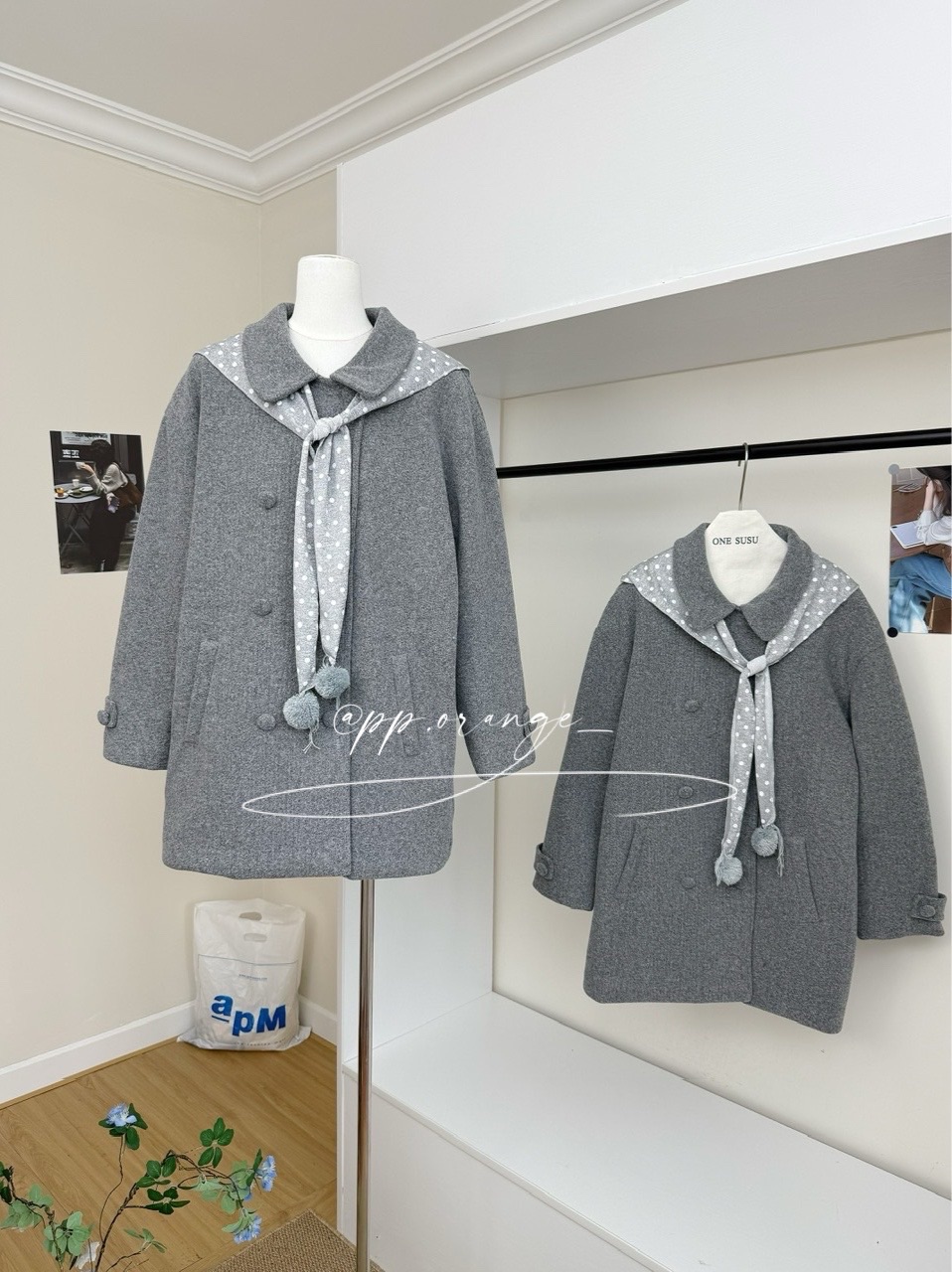 甜美雙排釦灰色中長款毛呢大衣➕披肩兩件套