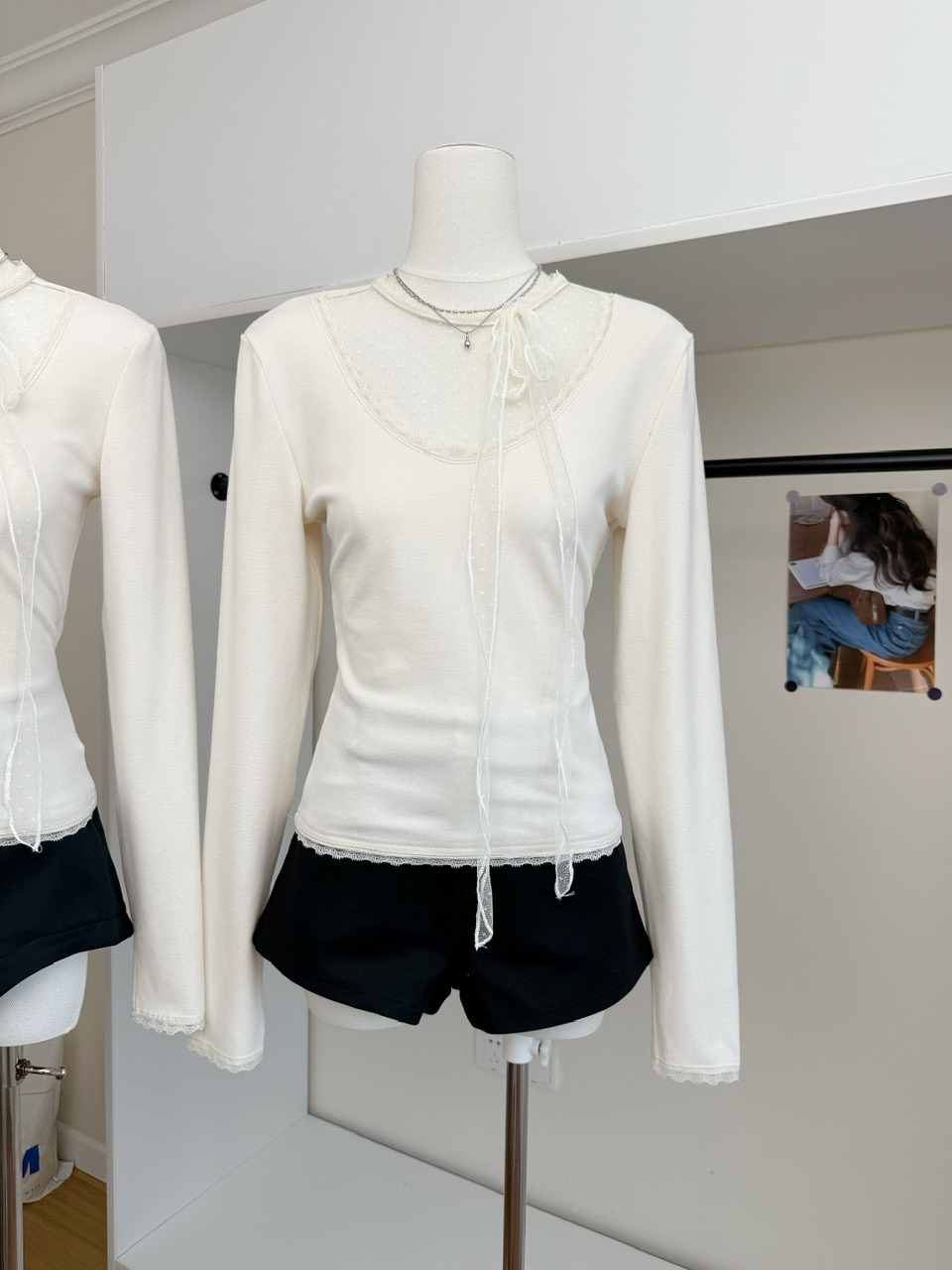 溫柔小性感拼接點點綁帶長袖雙面絨上衣