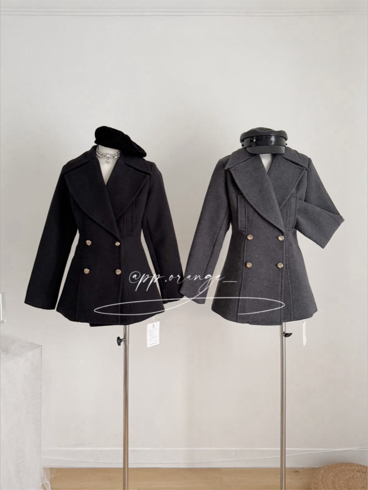 高質感雙排釦翻領收腰顯瘦羊毛呢子大衣外套