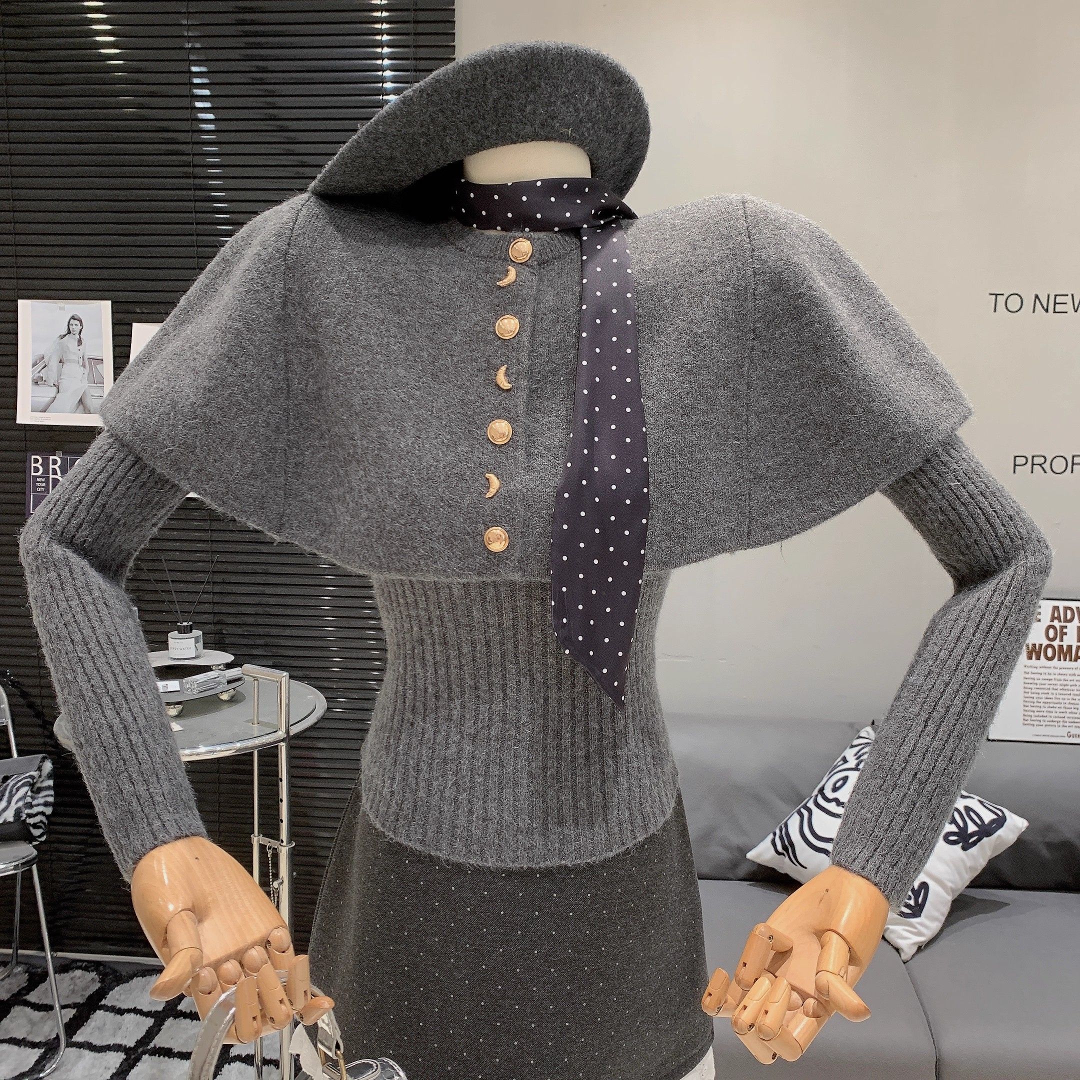 復古風長袖針織上衣+斗篷外套兩件套裝