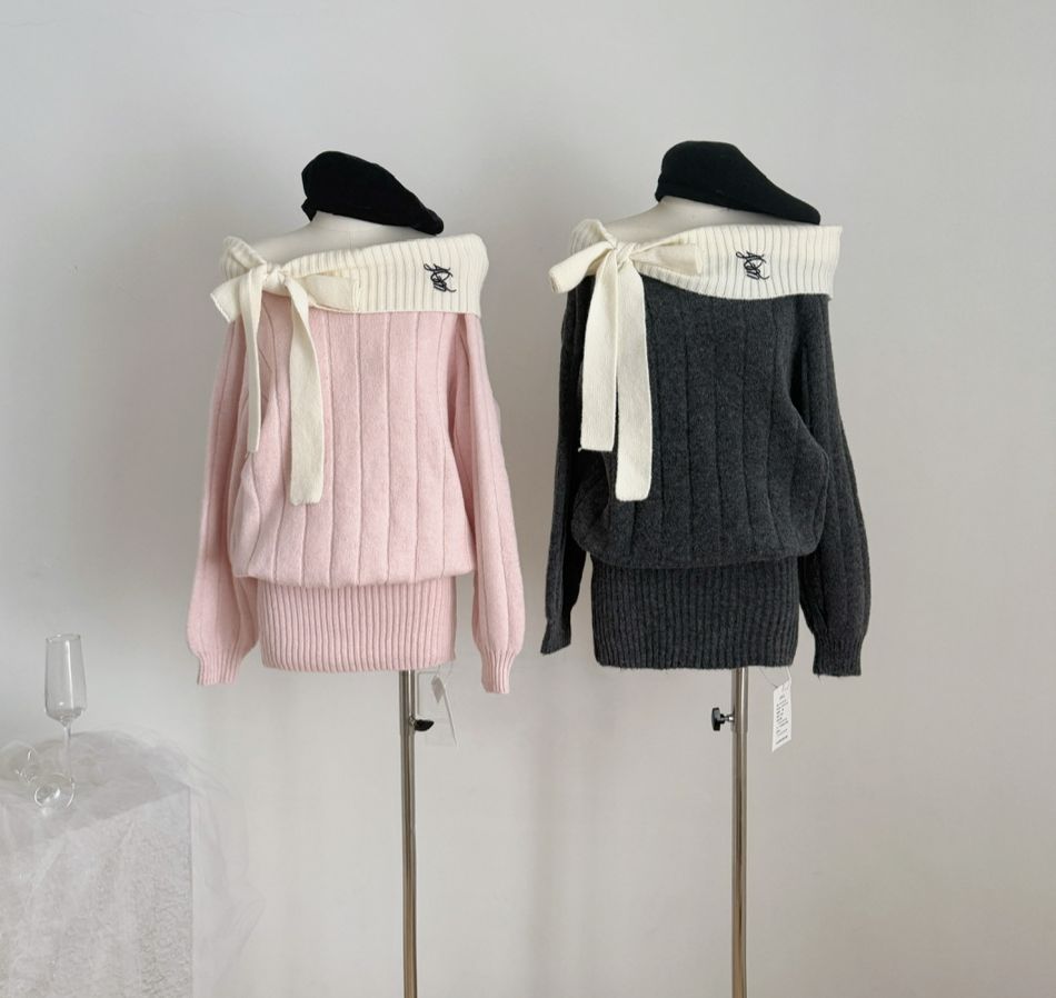 甜辣溫柔風一字領蝴蝶結長袖針織包臀洋裝